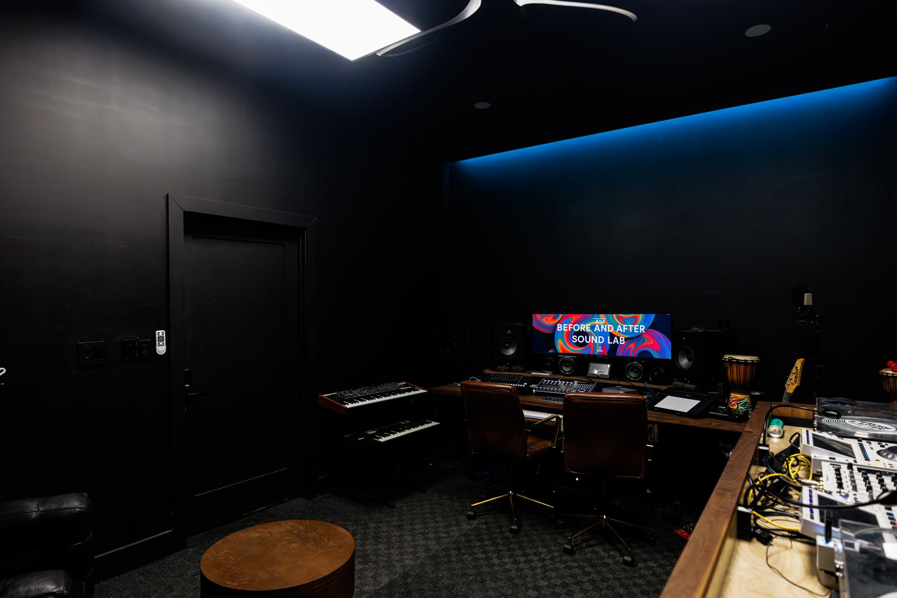 The production studio under blue light