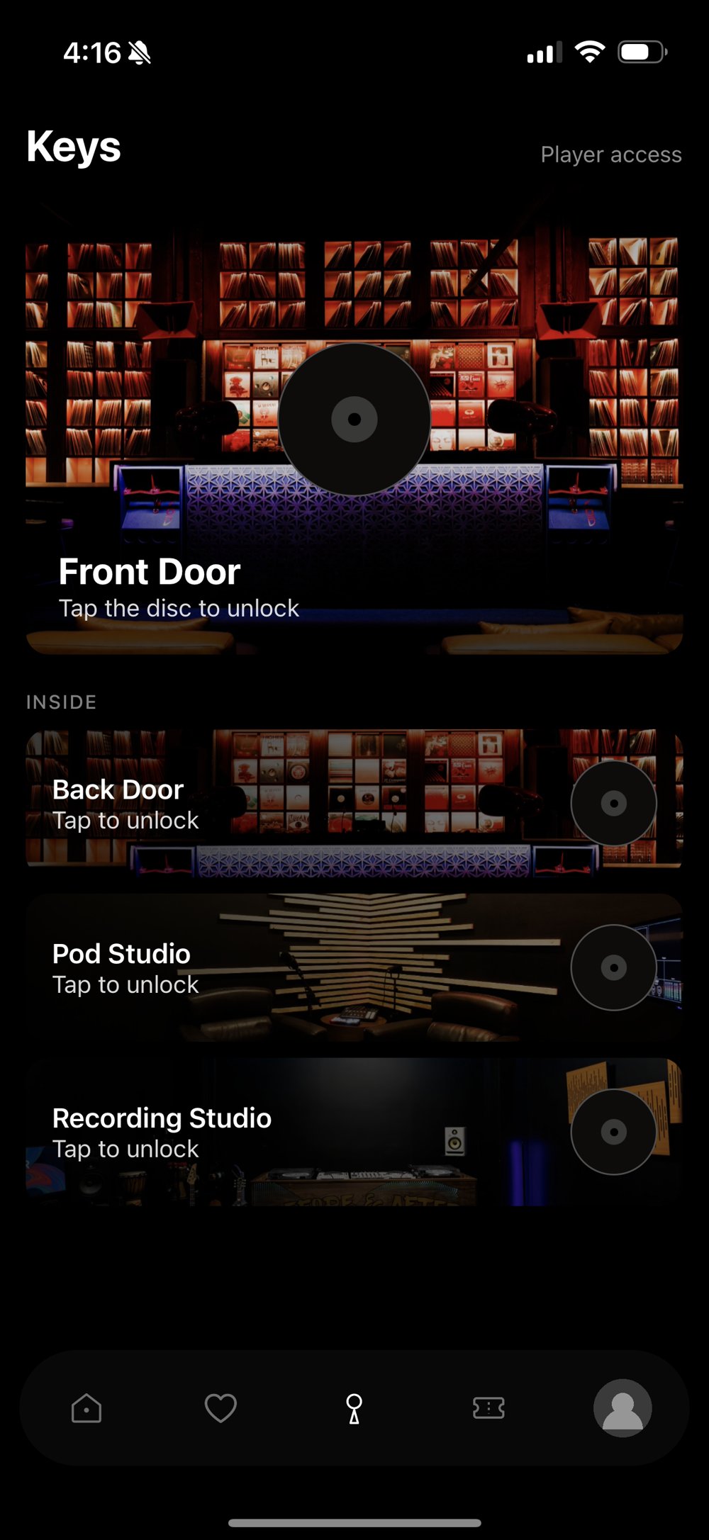 The Sound Lab app Keys screen: Front Door, Back Door, Pod Studio and Recording Studio, each unlocked by tapping a disc