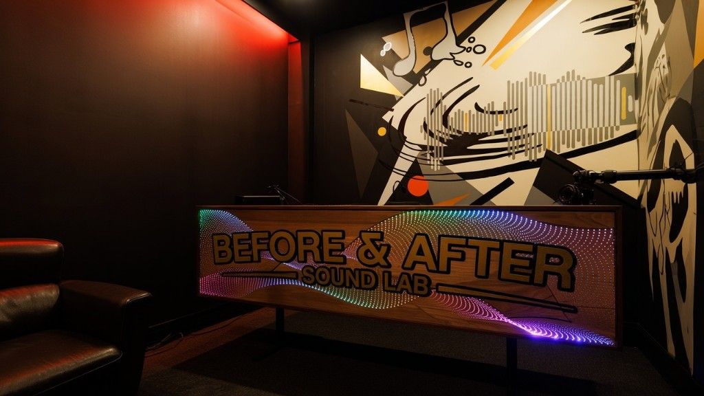 The Recording Studio with the lit Before and After sign